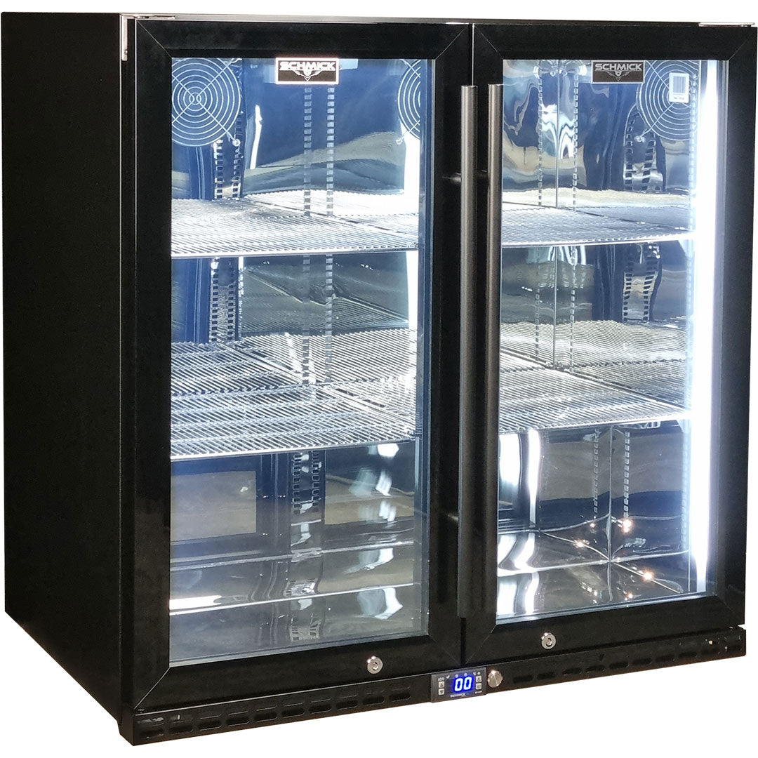 Schmick Triple Glazed Black 2 Door Under Bench Bar Fridge With Quality Parts And Quiet Operation