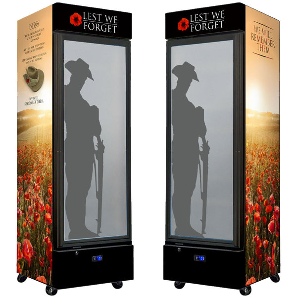 Lest We Forget Upright Quiet Running Black Glass Door Bar Fridge - Model SC372B-LWF