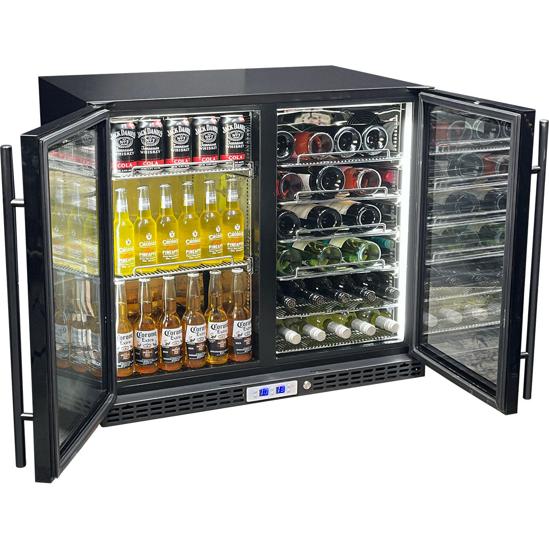 Schmick twin-zone bar fridge, interior shelving open