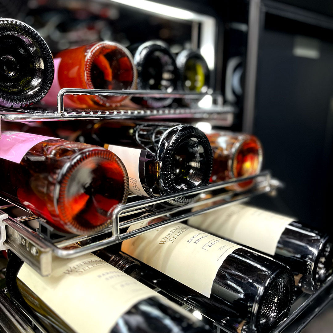 Schmick twin-zone bar fridge, wine shelving detail