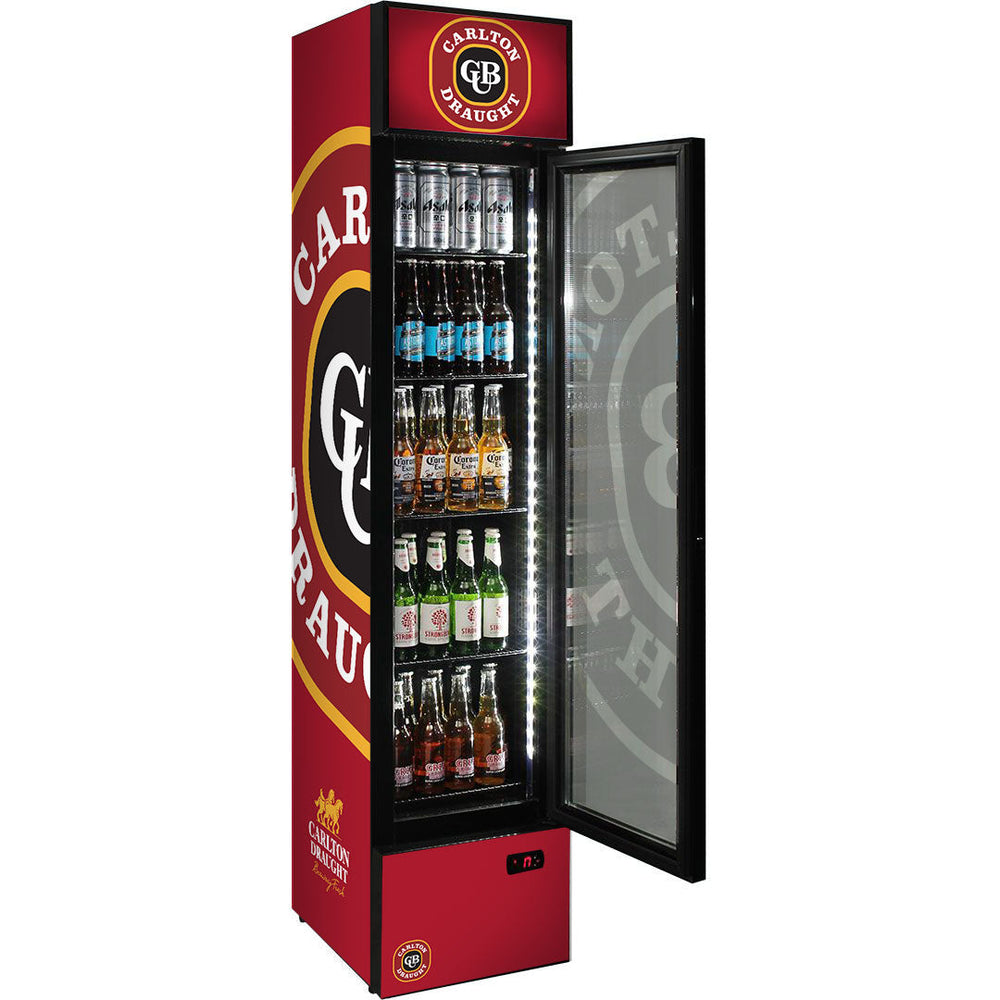 Schmick Skinny Glass Door Upright Bar Fridge Carlton Draught Beer