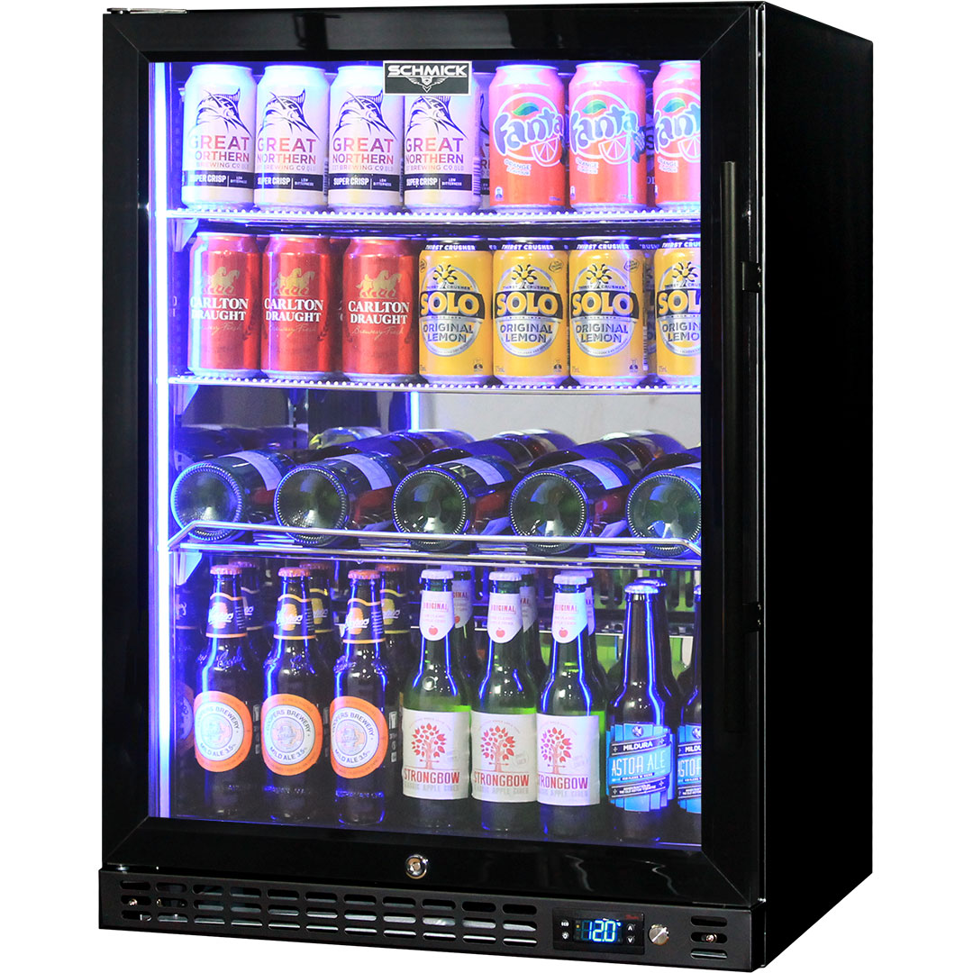 Schmick Quiet Running Front Venting Under Bench Heated Glass Door Bar Fridge Model SK156L B HD